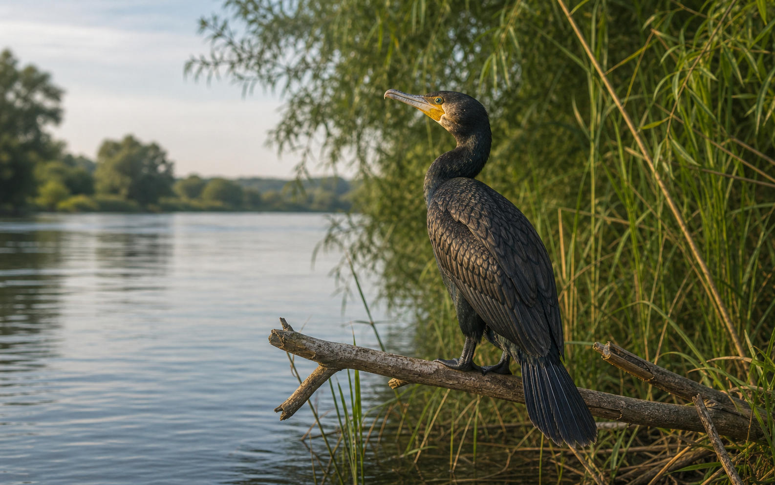Большой баклан на ветке у широкой речной воды с камышом