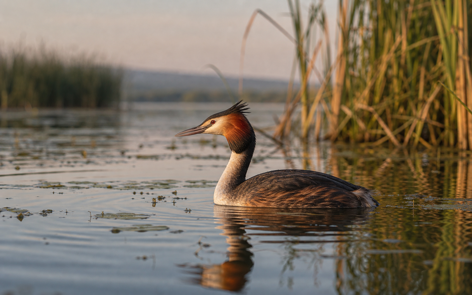 Чомга на спокойной воде молдавского водохранилища